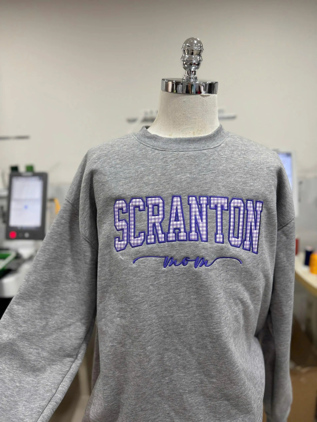 Custom Embroidered Sweatshirt, Personalized Gingham Applique College Mom Crewneck, Varsity Boutique Campus Gift Pullover Top Preppy