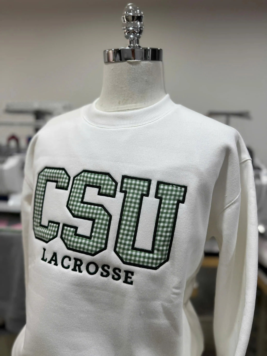 Custom Varsity Letter Embroidered Sweatshirt, Gingham Applique Crewneck, Personalized Team Name Pullover, College Style Custom Merch Gift