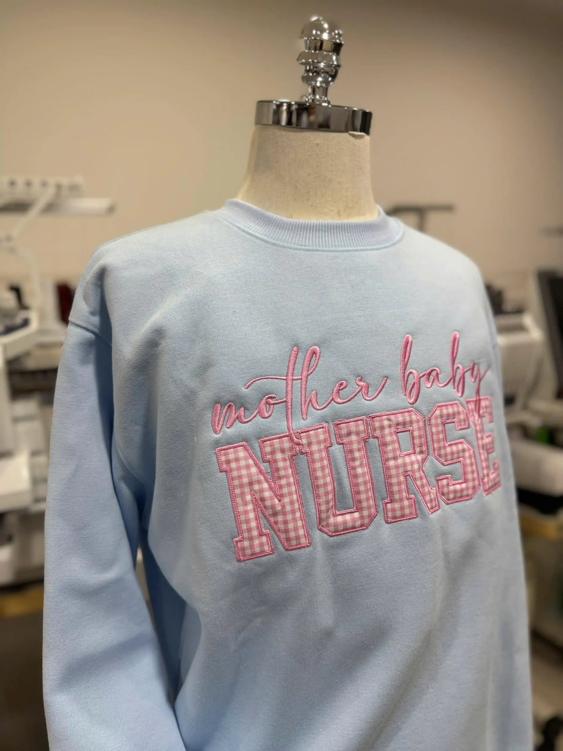 Custom Embroidered Nurse Sweatshirt, Mother Baby Nurse Crewneck, Personalized Healthcare Gift, Gingham Applique Pullover, Cozy Nurse Gift