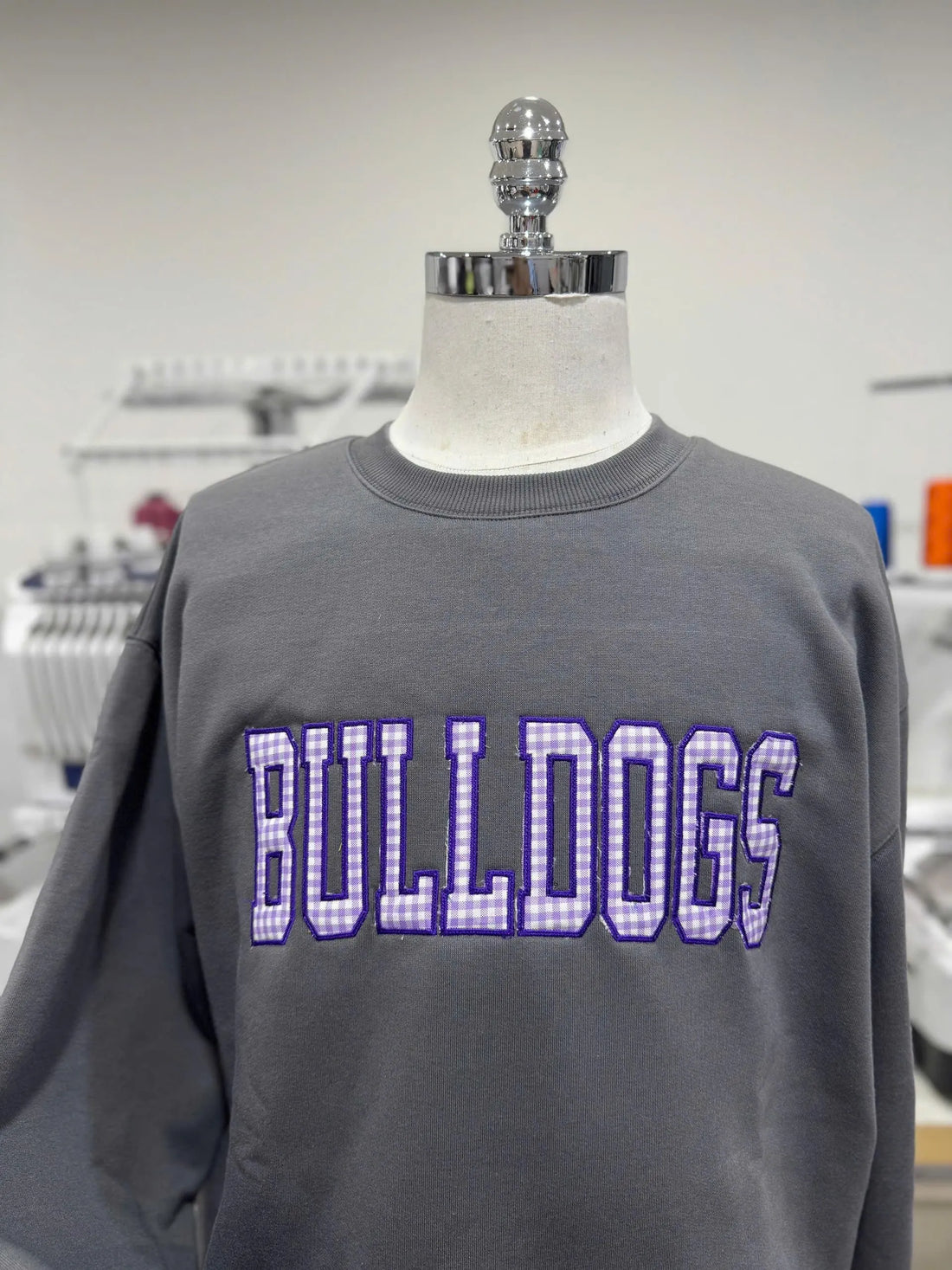 Custom Varsity Team Sweatshirt, Personalized Gingham Applique Crewneck, Mascot Name College Pullover, Boutique Preppy Gift Top, Stylish Wear