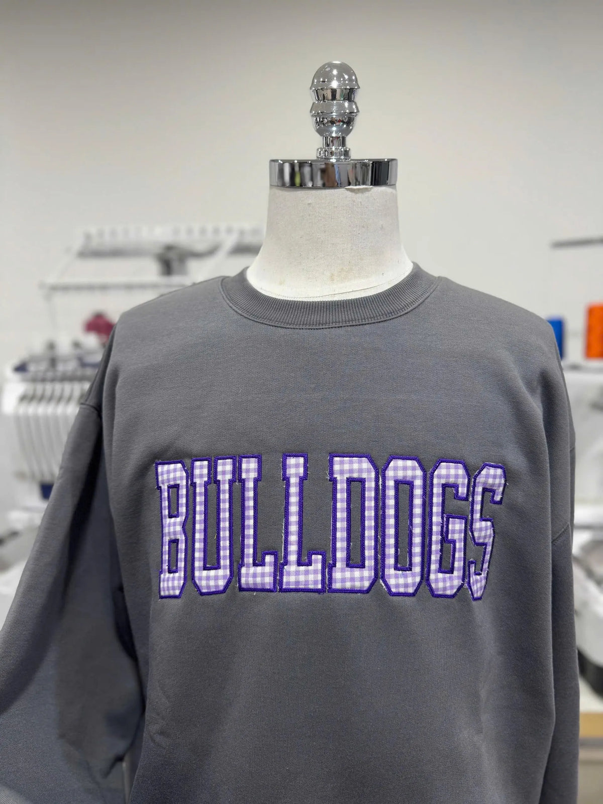 Custom Varsity Team Sweatshirt, Personalized Gingham Applique Crewneck, Mascot Name College Pullover, Boutique Preppy Gift Top, Stylish Wear