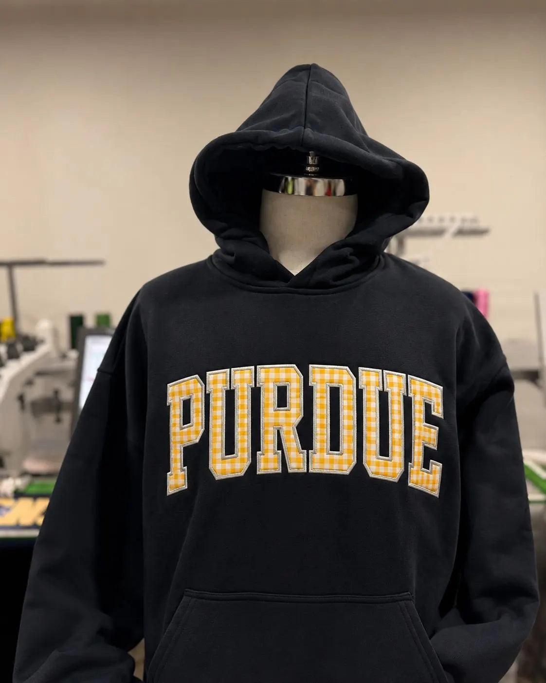 Custom Boutique Hoodie, Personalized Embroidered Varsity Sweatshirt, Gingham Campus Fashion Top, Cozy Outfit Merch Gift Style Pullover Fit
