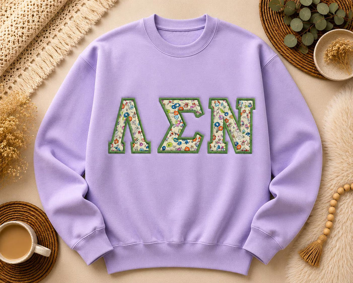 Custom Liberty Print Sorority Sweatshirt, Personalized Lavender Embroidered Applique Crewneck, Preppy Greek Life Big Little Gift Pullover
