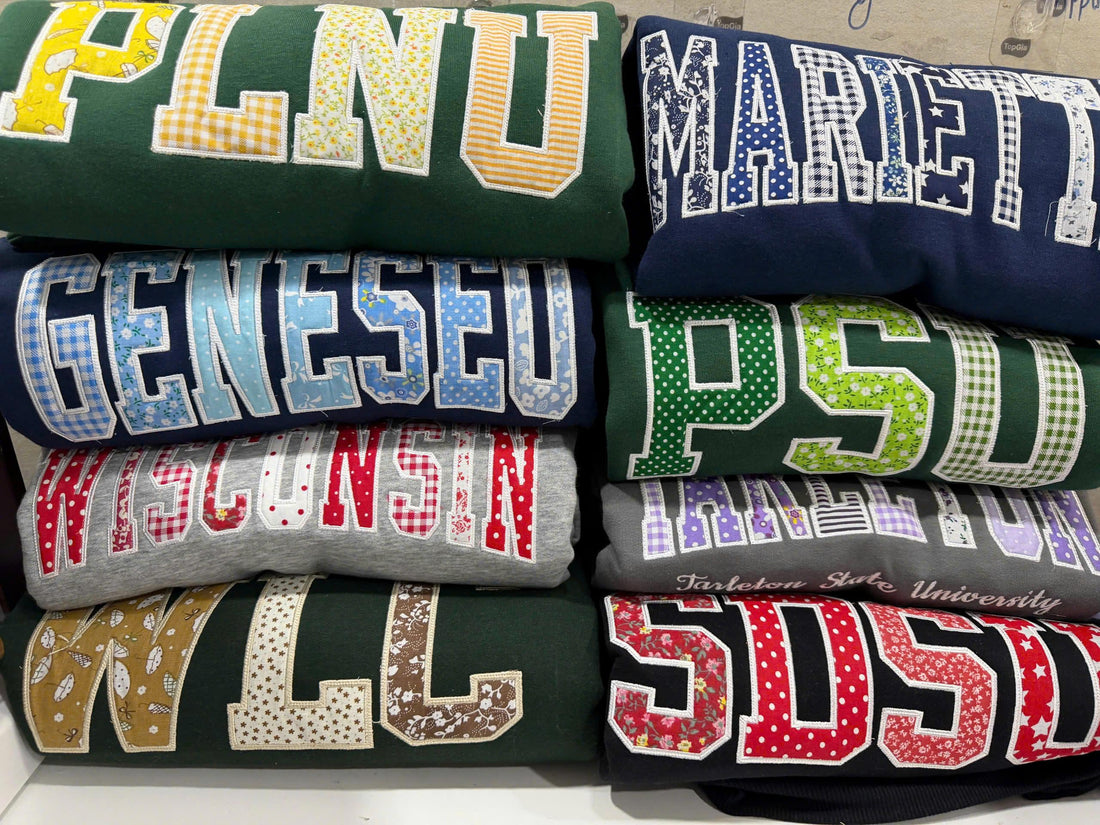 Custom Patchwork Embroidered Sweatshirt, Personalized Varsity Applique Crewneck, Gingham Floral College Style Gift