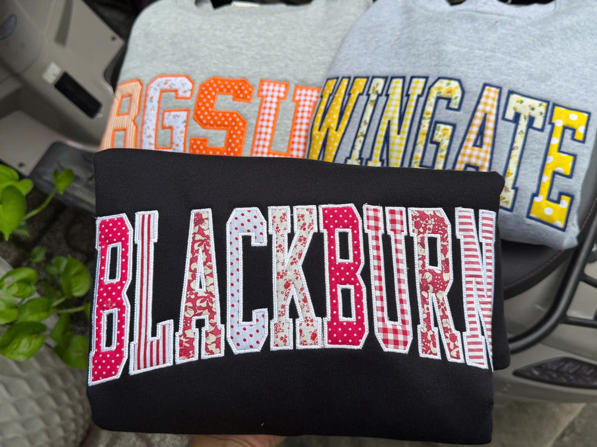 Personalized Embroidered Patchwork Applique Sweatshirt, Mixed Fabric Varsity Crewneck, Custom Campus Text Pullover