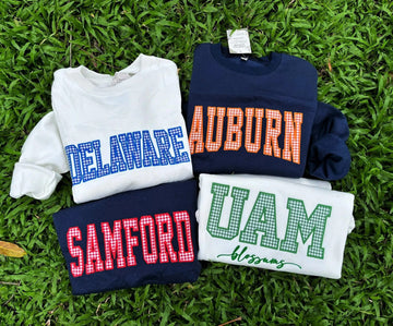 Custom Gingham Applique Sweatshirt, Personalized School Color Crewneck, College Style Game Day Pullover, Student Gift