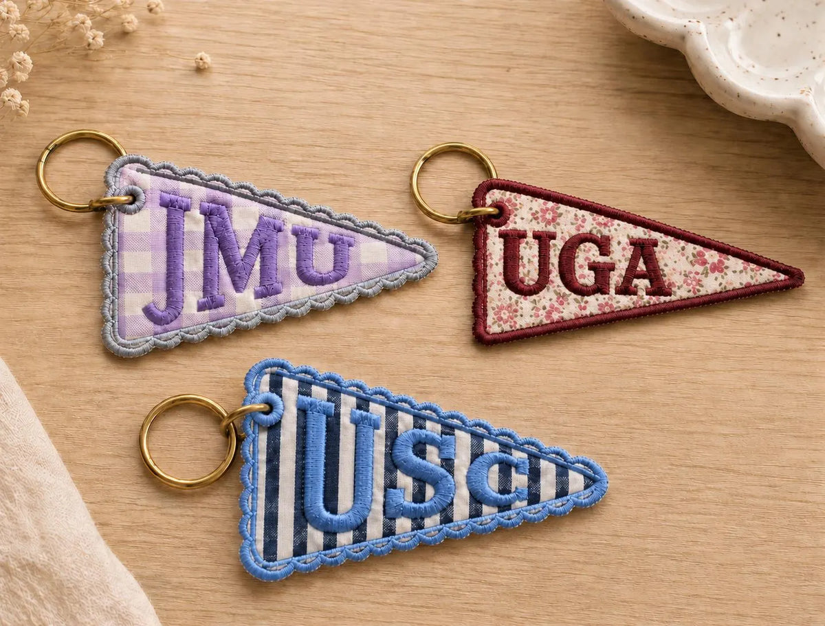 Custom Embroidered Pennant Flag Charm, Personalized Bag Tag, College Style Backpack Keychain, School Spirit Gift