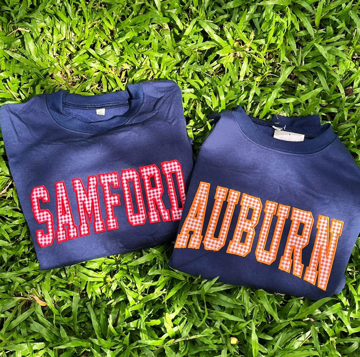 Custom Gingham Applique Sweatshirt, Personalized School Color Crewneck, College Style Game Day Pullover, Student Gift