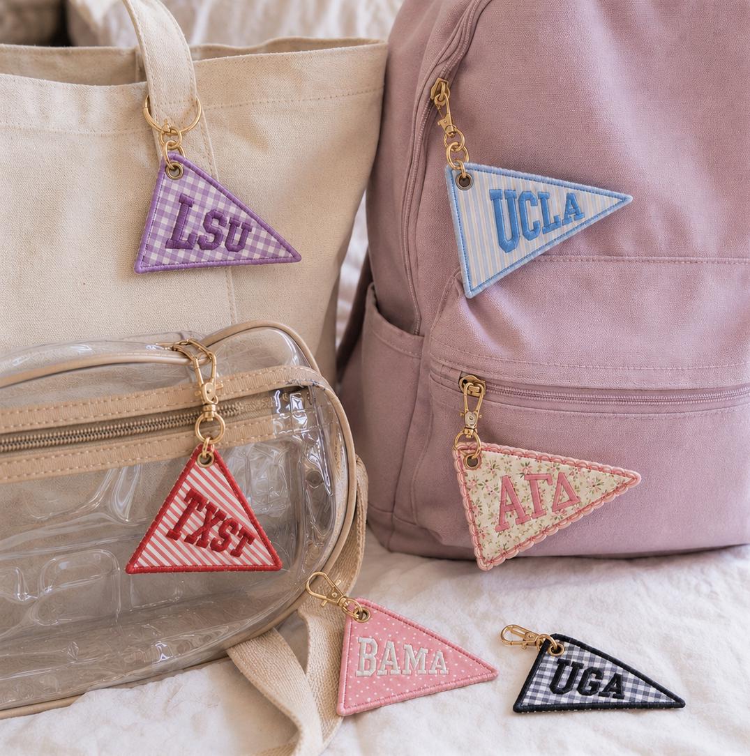 Personalized College Bag Charm, Custom Flag Bag Charm, Embroidered Backpack Charm, Sorority Style Tote Charm, Big Little Gift