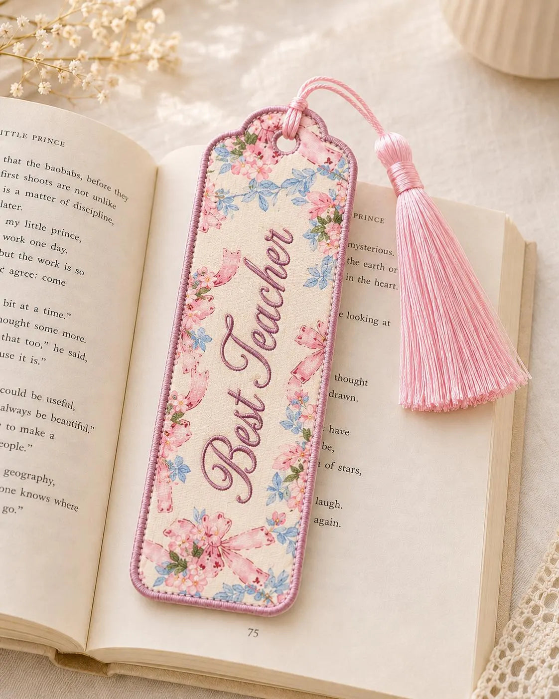Custom Floral Fabric Bookmark with Tassel, Embroidered Name Page Marker, Handmade Reader Keepsake for Book Club Gift