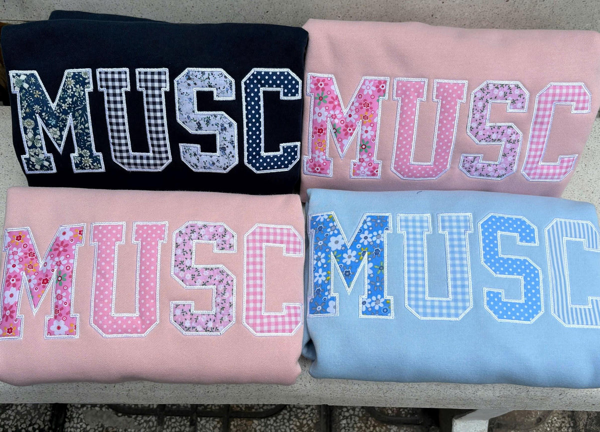 Custom Patchwork School Sweatshirt, Embroidered Applique Crewneck, Personalized Cheer Music Club Shirt, Mascot Pullover Gift