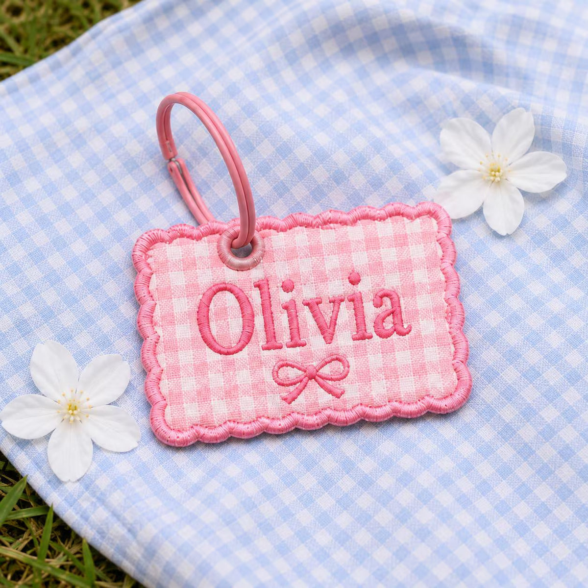 Custom Scallop Name Charm, Personalized Embroidered Bag Tag, Gingham Backpack Keychain, Kids Lunchbox Tote Charm, Diaper Bag Gift