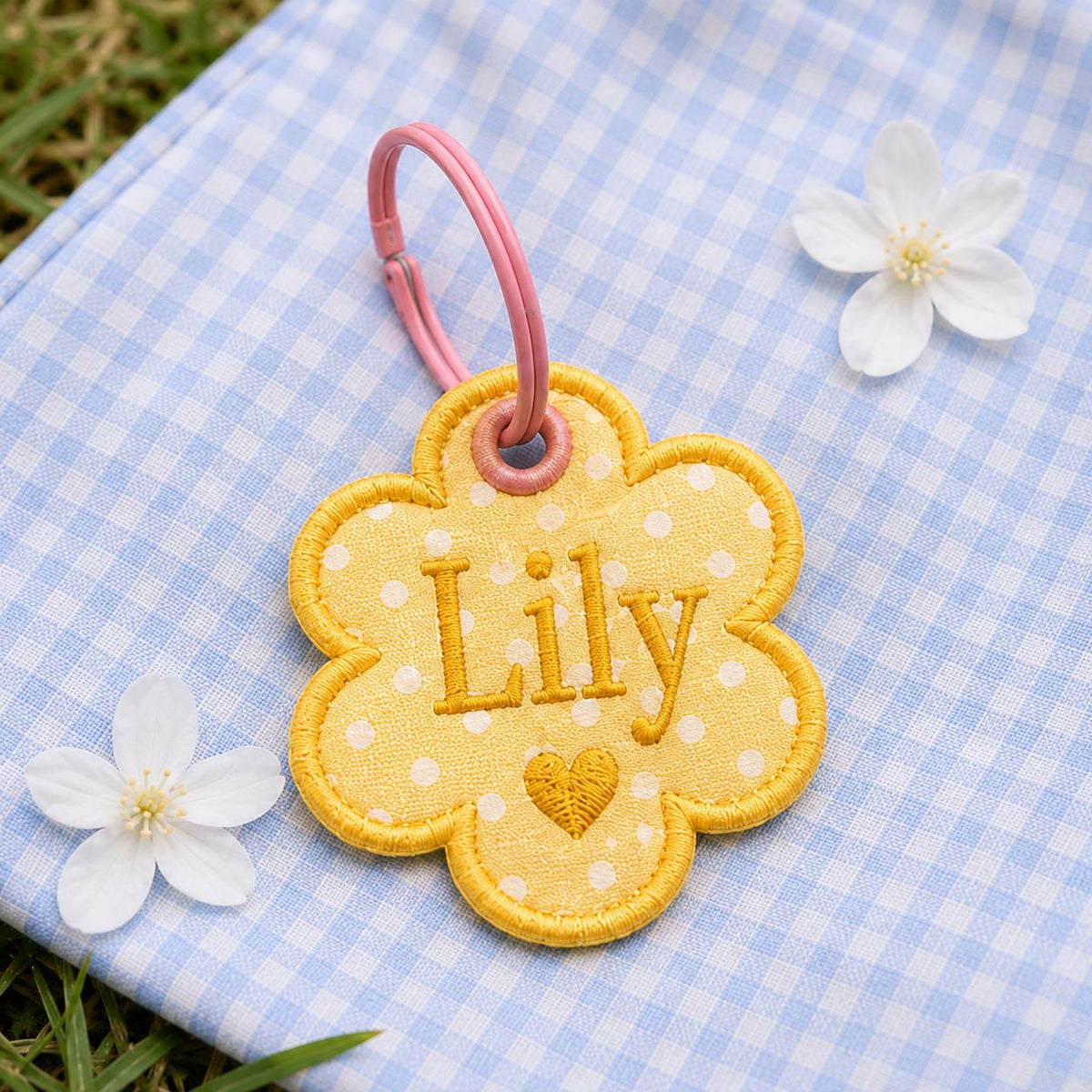 Custom Scallop Name Charm, Personalized Embroidered Bag Tag, Gingham Backpack Keychain, Kids Lunchbox Tote Charm, Diaper Bag Gift