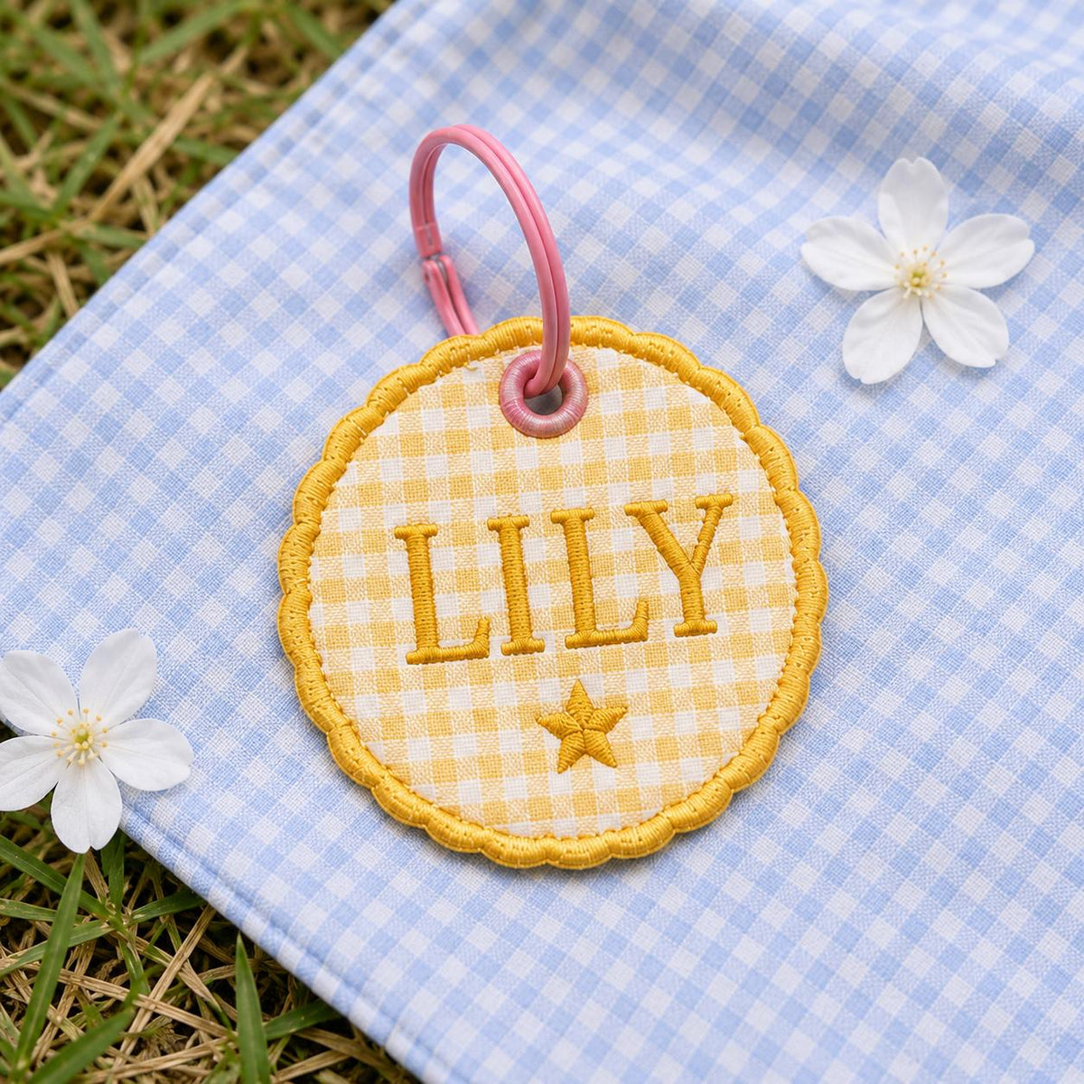 Custom Scallop Name Charm, Personalized Embroidered Bag Tag, Gingham Backpack Keychain, Kids Lunchbox Tote Charm, Diaper Bag Gift