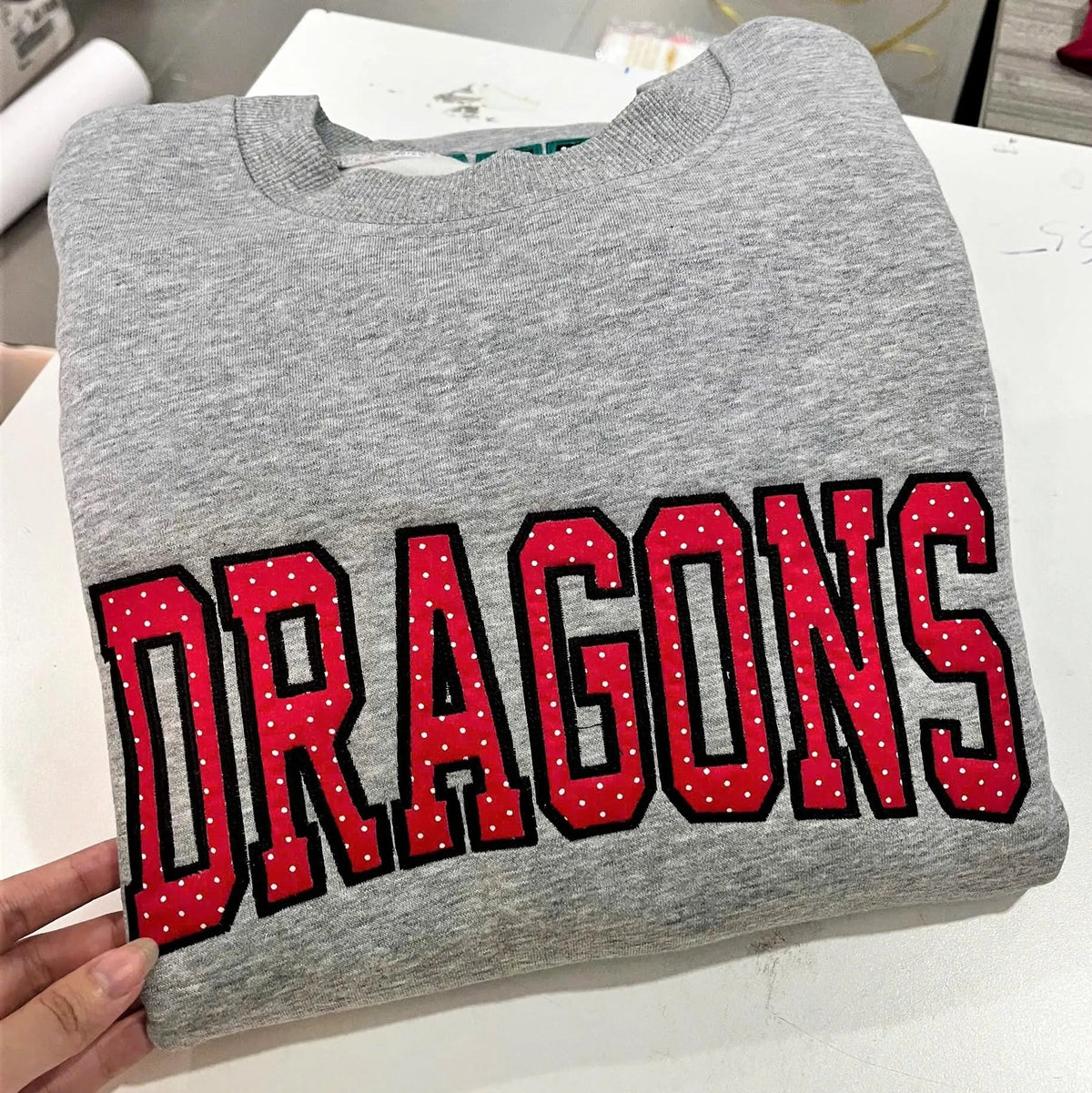 Custom Mascot Sweatshirt, Personalized School Spirit Crewneck, Polka Dot Applique Embroidered Team Name Sweater, Cheer Gift