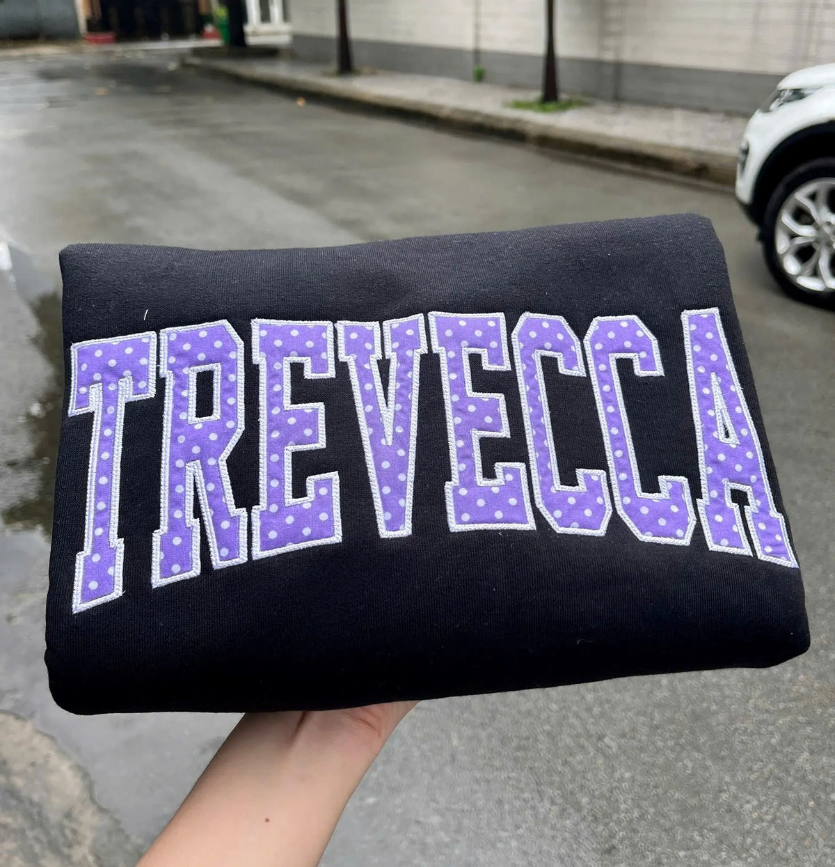 Custom Mascot Sweatshirt, Personalized School Spirit Crewneck, Polka Dot Applique Embroidered Team Name Sweater, Cheer Gift