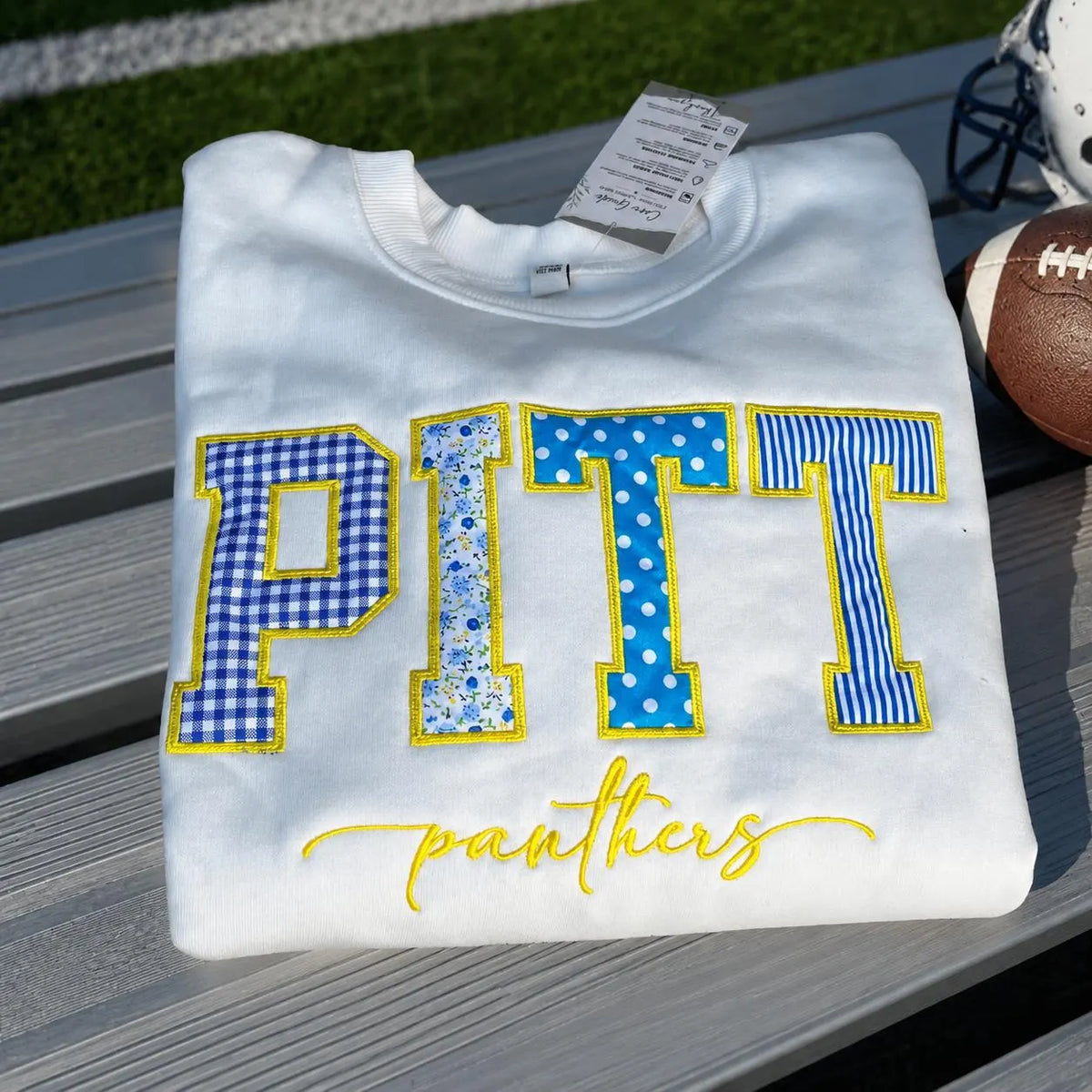 Custom Embroidered Patchwork Applique Sweatshirt, Personalized Football Game Day Crewneck, Tailgate Outfit and Football Fan Gift