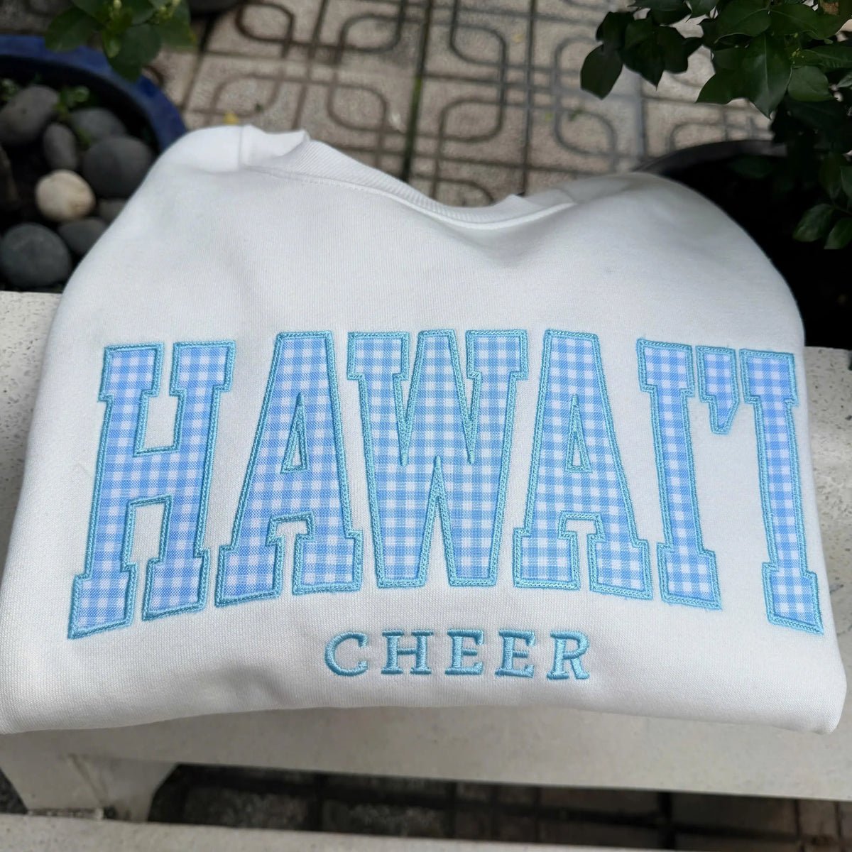 Custom Embroidered Gingham Applique Sweatshirt, Personalized Cheer Squad Crewneck, Preppy Team Apparel, Cheer Camp and Competition Gift