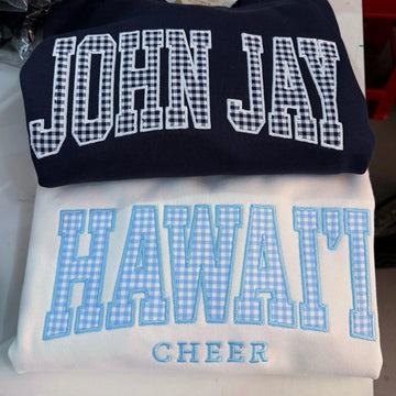 Custom Embroidered Gingham Applique Sweatshirt, Personalized Cheer Squad Crewneck, Preppy Team Apparel, Cheer Camp and Competition Gift