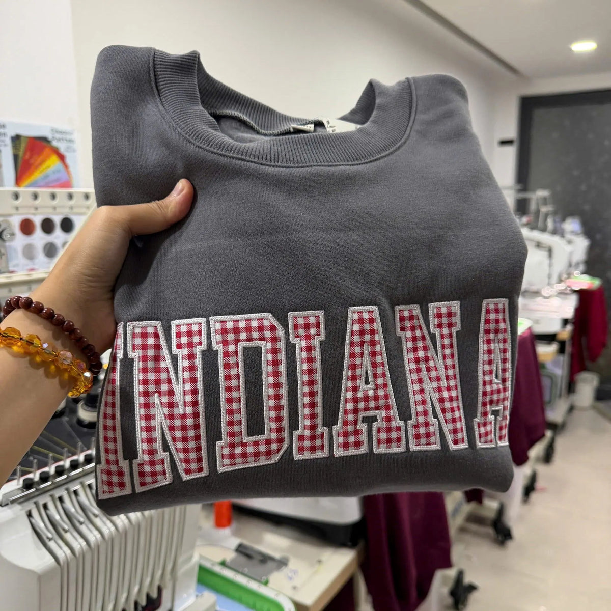 Custom Embroidered Gingham Applique Sweatshirt, Personalized Cheer Squad Crewneck, Preppy Team Apparel, Cheer Camp and Competition Gift