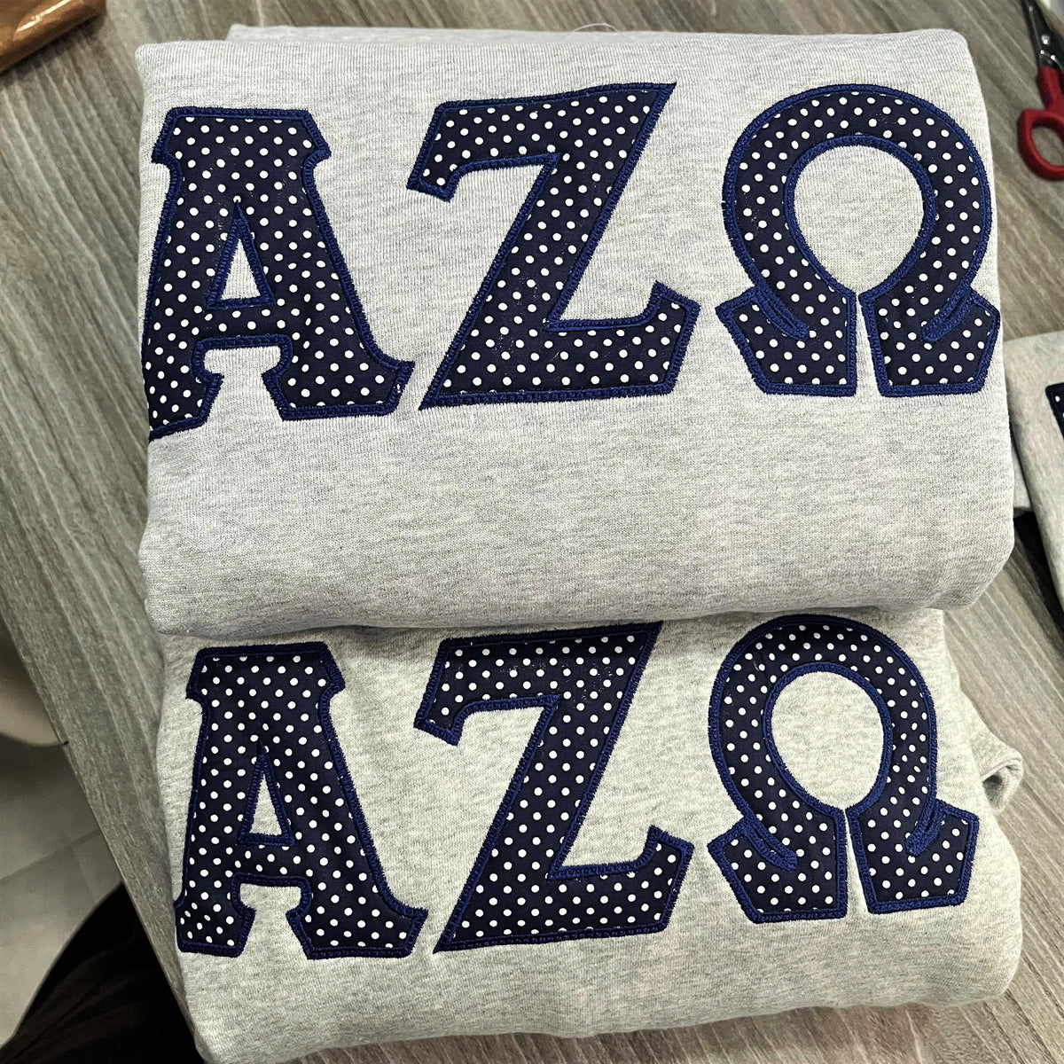 Custom Embroidered Polka Dot Applique Sweatshirt, Personalized Greek Letter Sorority Crewneck, Recruitment, Rush Week and Sisterhood Gift