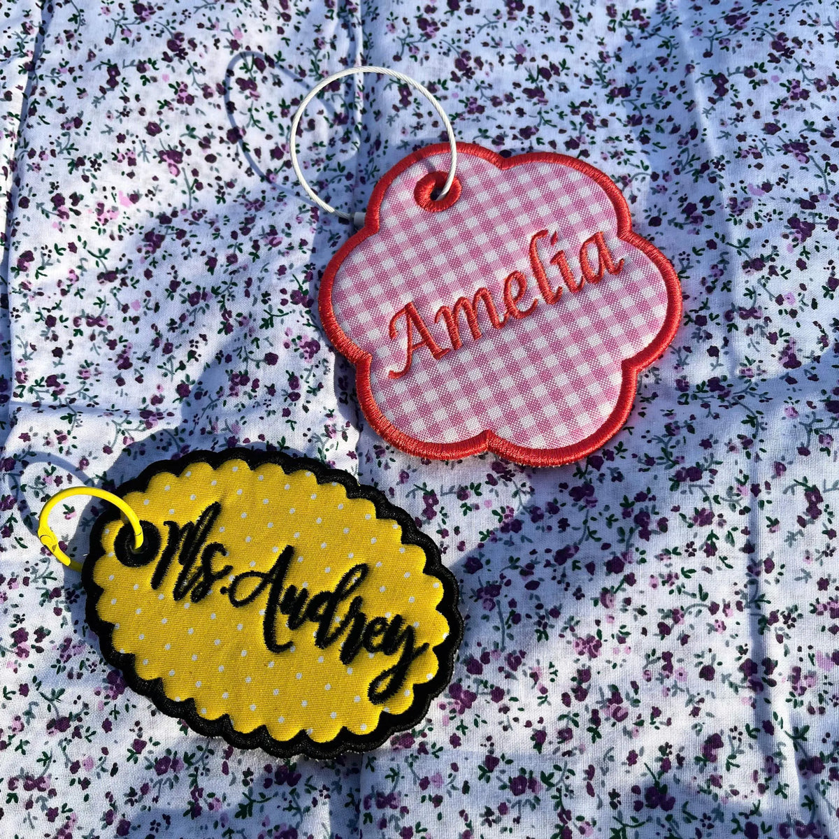 Scalloped Bag Tag, Custom Embroidered Fabric Name Charm, Personalized Luggage Identifier, Dance Bag Accessory, Bridal Party Gift