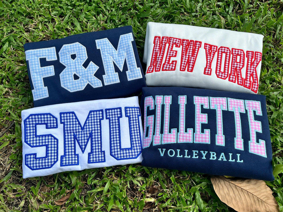 Personalized Varsity Shirt or Sweatshirt, Custom Gingham Polka Dot Applique Top, School Spirit Tee, Mascot Gift
