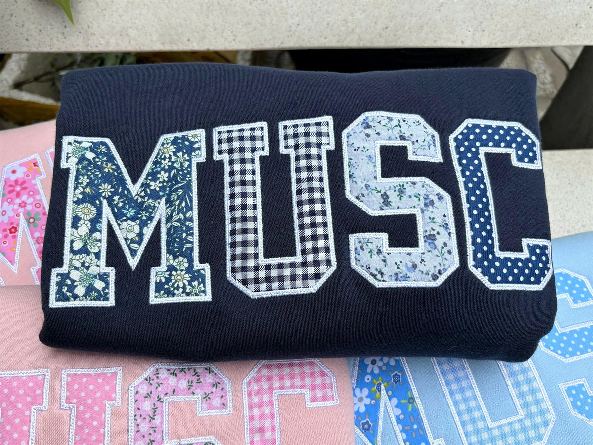 Custom Patchwork School Sweatshirt, Embroidered Applique Crewneck, Personalized Cheer Music Club Shirt, Mascot Pullover Gift