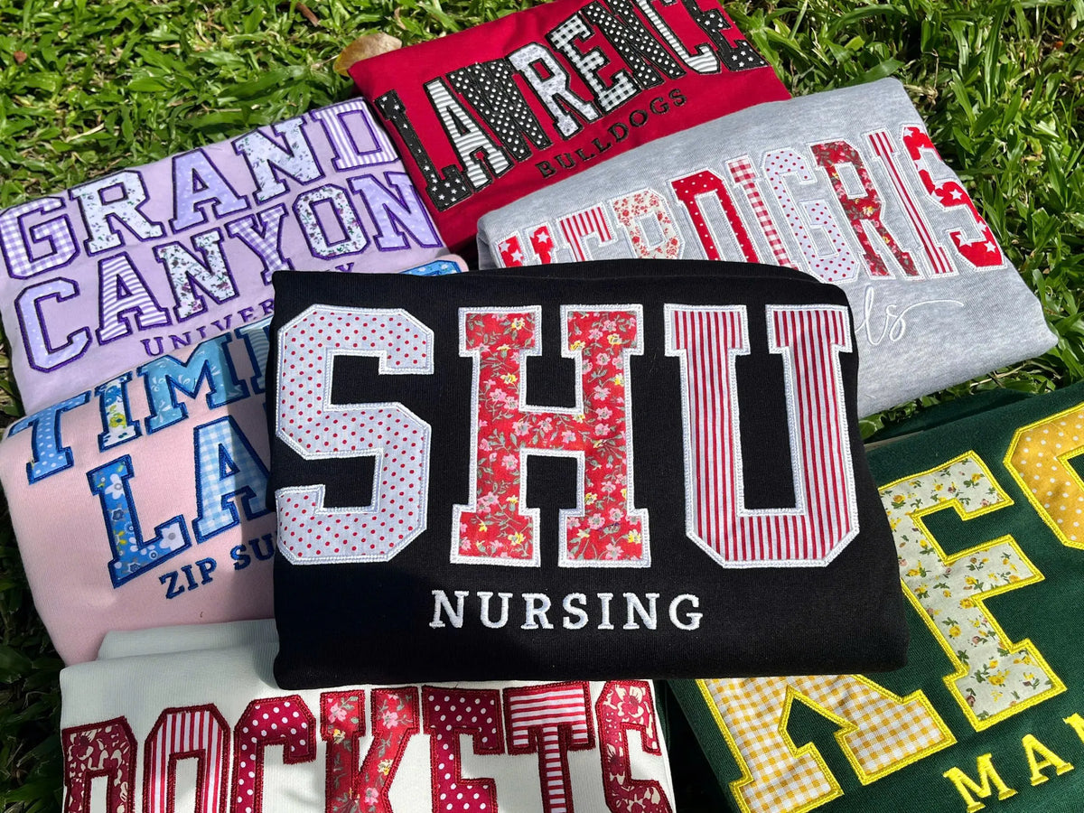 Personalized Varsity Shirt or Sweatshirt, Custom Patchwork Applique Top, Embroidered Team Name Club Sorority Gift