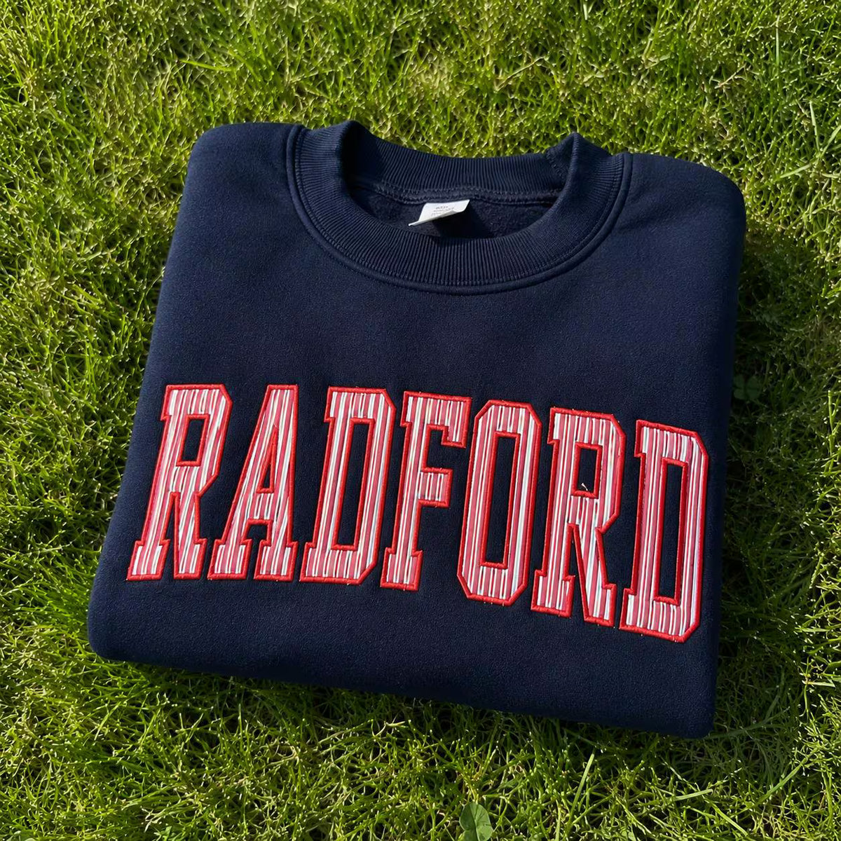 Personalized Embroidered Striped Applique Sweatshirt, Custom College Name Crewneck, Alumni Mascot School Spirit Gift