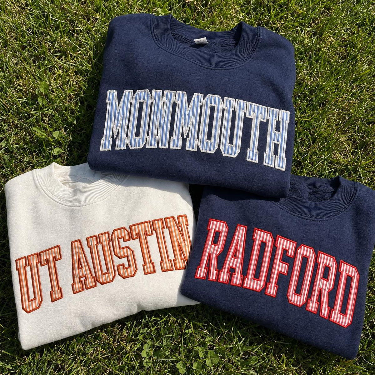 Personalized Embroidered Striped Applique Sweatshirt, Custom College Name Crewneck, Alumni Mascot School Spirit Gift