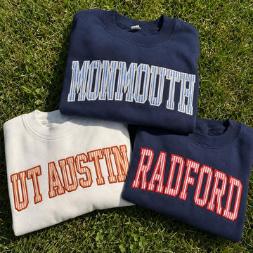 Personalized Embroidered Striped Applique Sweatshirt, Custom College Name Crewneck, Alumni Mascot School Spirit Gift