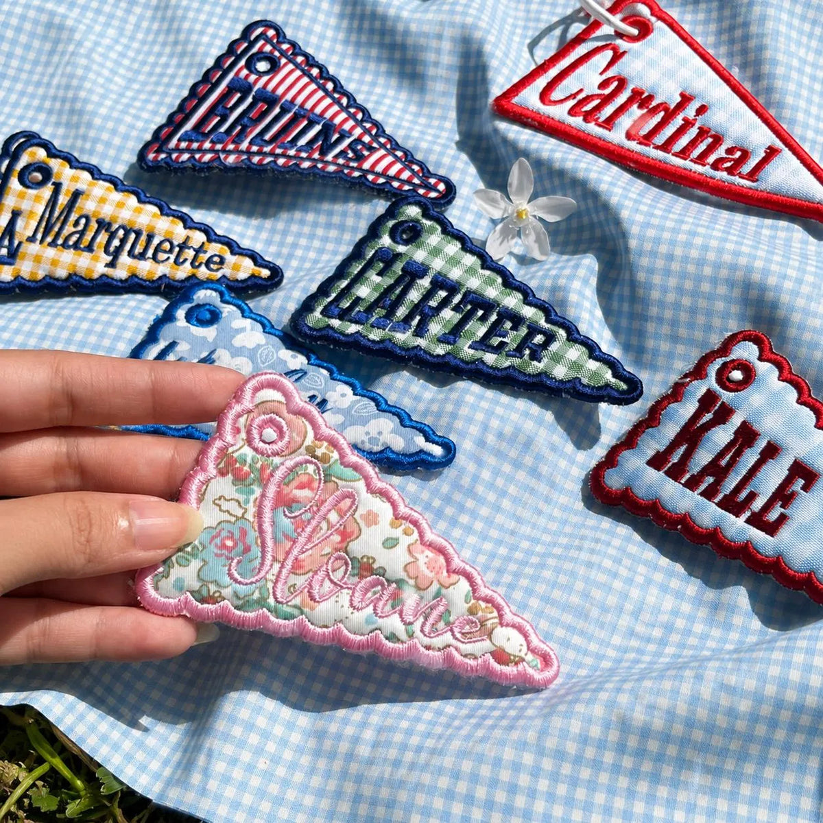 Personalized Pennant Bag Charm, Custom Embroidered Name Tag, Gingham Backpack Keychain, Coquette Preppy Purse Charm Gift