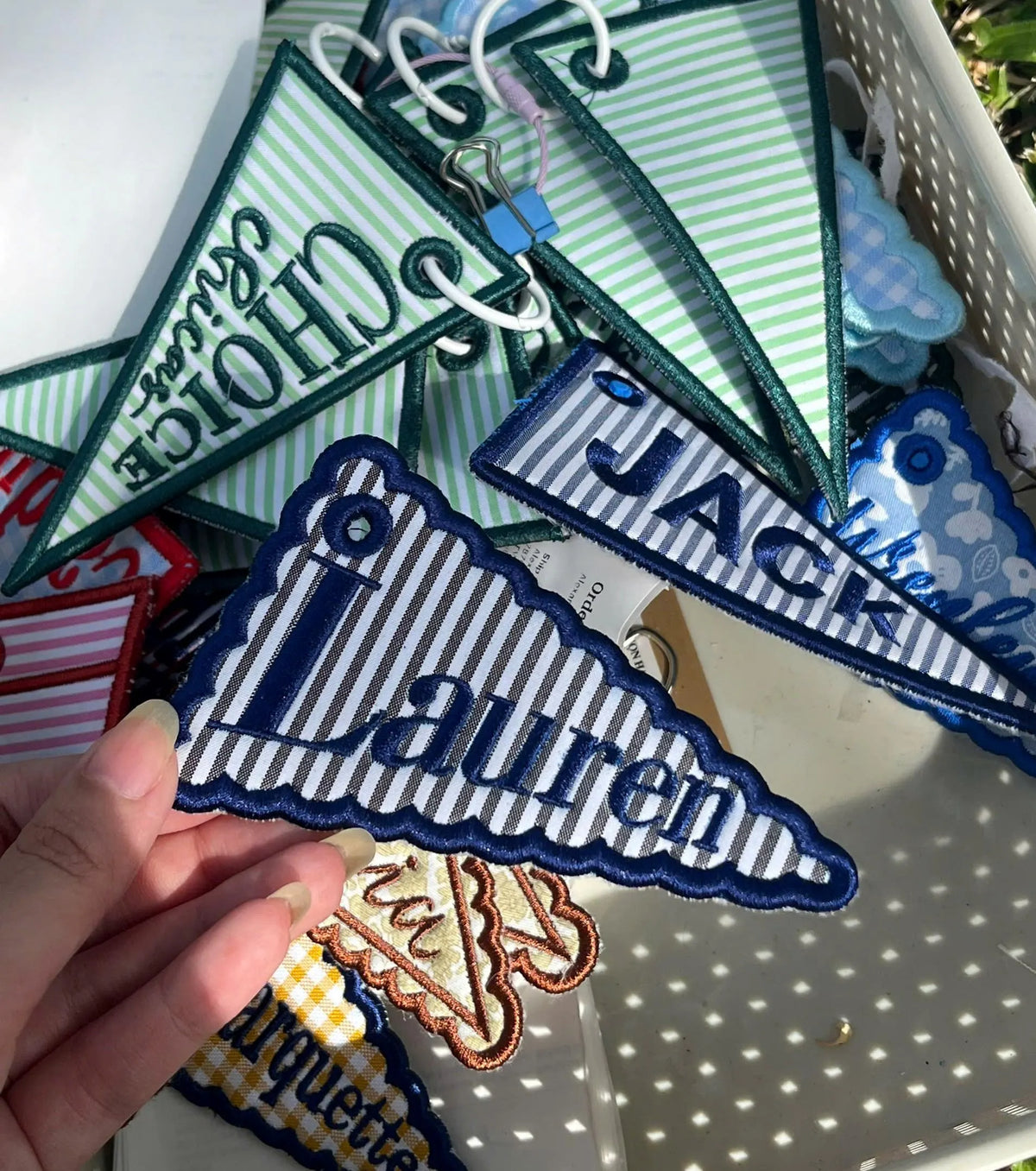 Custom Striped Pennant Flag Bag Charm, Personalized Embroidered Name Keychain, Navy School Backpack Tag for Boys, Kids Lunchbox Luggage