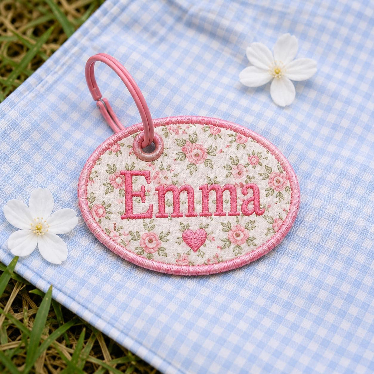 Custom Scallop Name Charm, Personalized Embroidered Bag Tag, Gingham Backpack Keychain, Kids Lunchbox Tote Charm, Diaper Bag Gift
