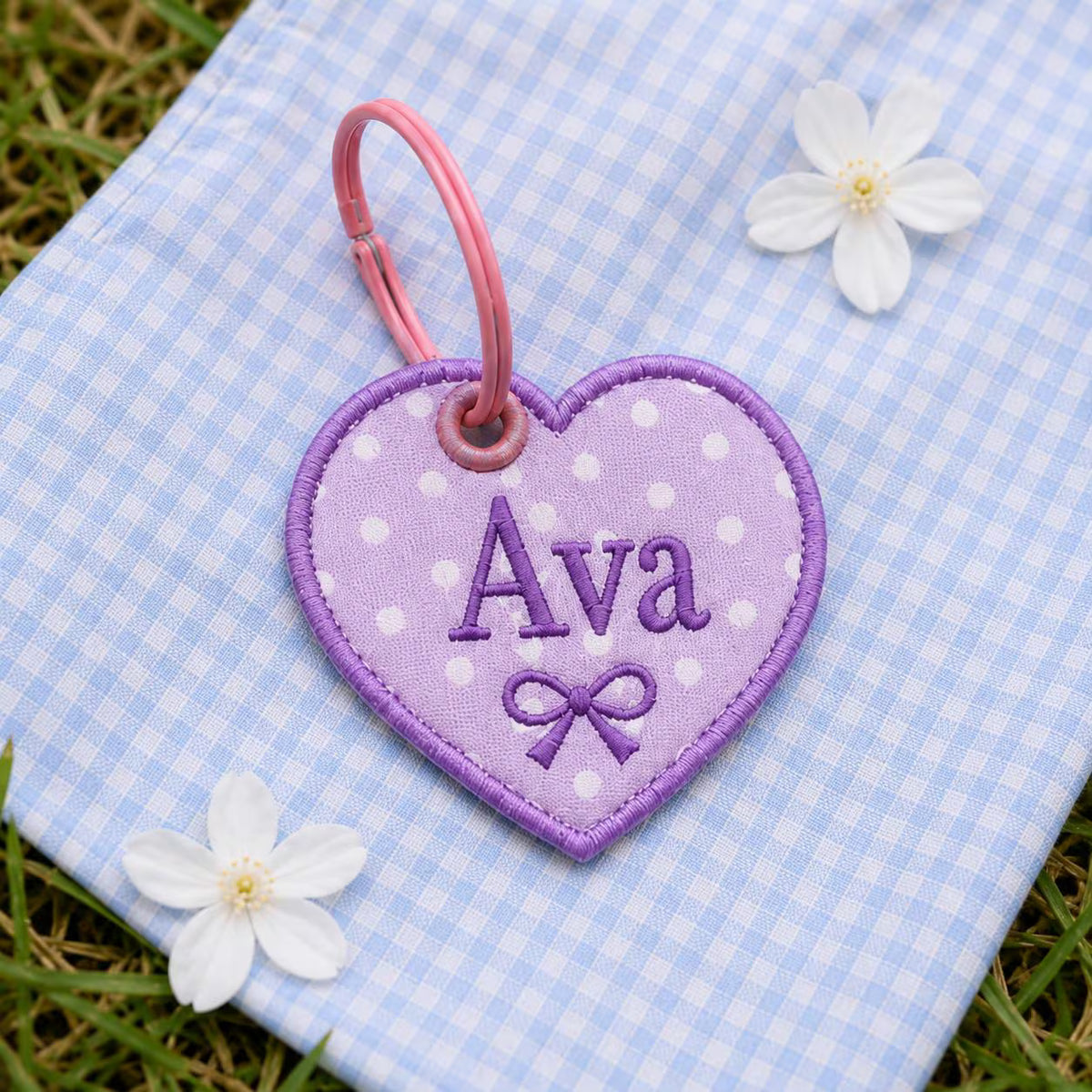 Custom Scallop Name Charm, Personalized Embroidered Bag Tag, Gingham Backpack Keychain, Kids Lunchbox Tote Charm, Diaper Bag Gift