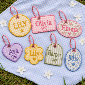 Custom Scallop Name Charm, Personalized Embroidered Bag Tag, Gingham Backpack Keychain, Kids Lunchbox Tote Charm, Diaper Bag Gift