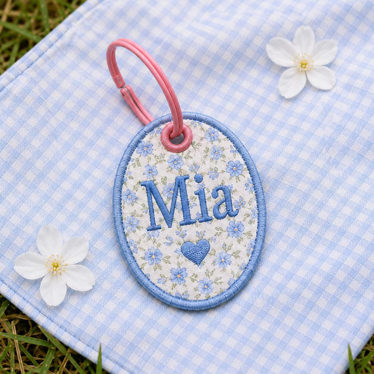 Custom Scallop Name Charm, Personalized Embroidered Bag Tag, Gingham Backpack Keychain, Kids Lunchbox Tote Charm, Diaper Bag Gift