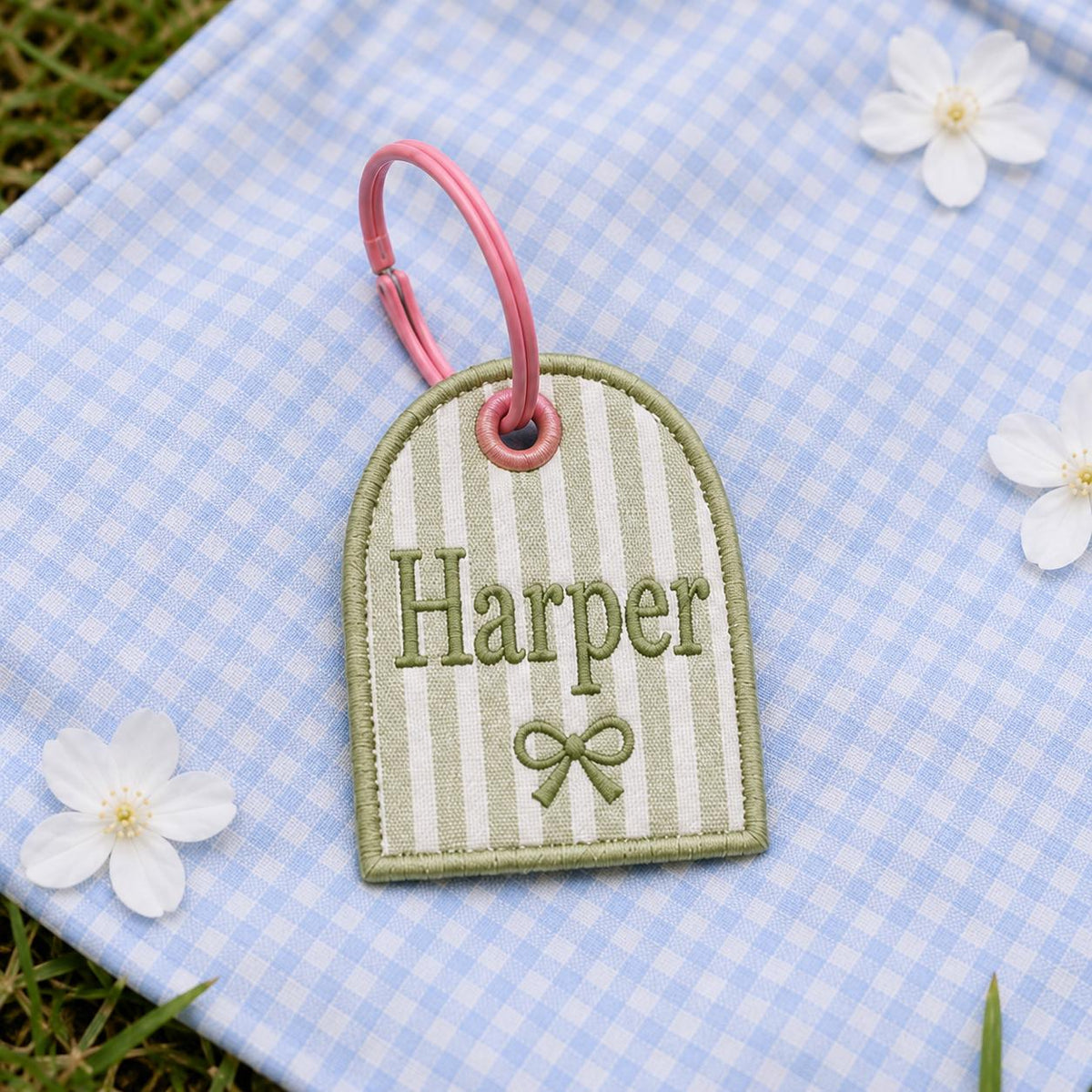 Custom Scallop Name Charm, Personalized Embroidered Bag Tag, Gingham Backpack Keychain, Kids Lunchbox Tote Charm, Diaper Bag Gift