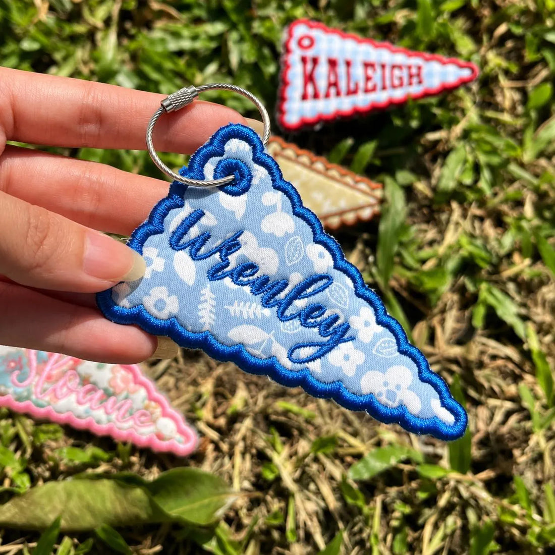 Custom Embroidered Game Day Pennant Flag Charm, Personalized Bag Tag, College Style Backpack Keychain, School Spirit Gift