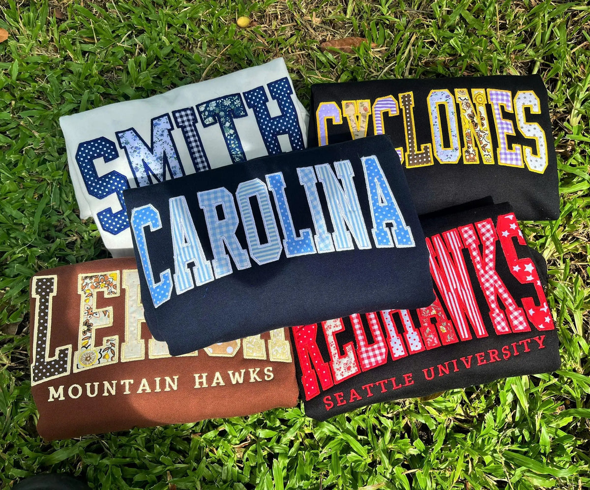 Custom Collegiate Sweatshirt, Personalized Varsity Crewneck, Patchwork Applique Pullover, Campus Style Gift, Alumni Spirit Top