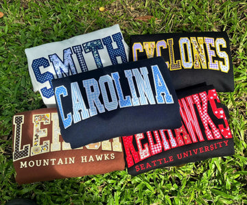 Custom Collegiate Sweatshirt, Personalized Varsity Crewneck, Patchwork Applique Pullover, Campus Style Gift, Alumni Spirit Top