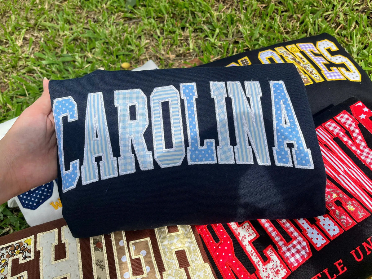 Custom Collegiate Sweatshirt, Personalized Varsity Crewneck, Patchwork Applique Pullover, Campus Style Gift, Alumni Spirit Top