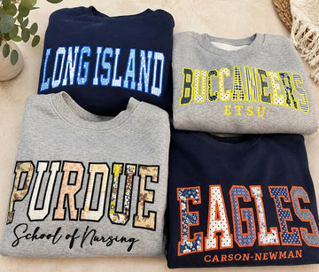Custom Patchwork Letter Sweatshirt, Personalized Campus Crewneck, Team Name Pullover, School Club Shirt, Mascot Spirit Gift