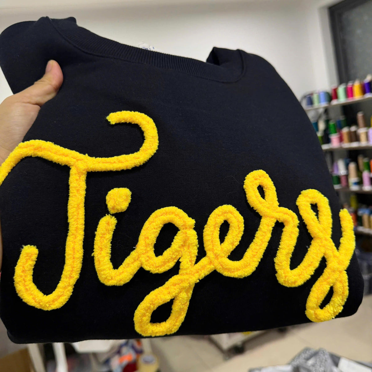 Custom Chenille Team Sweatshirt, Personalized Fuzzy Yarn Embroidered Crewneck, Cheer Sideline Apparel, Player Mom Gift and Game Day Pullover
