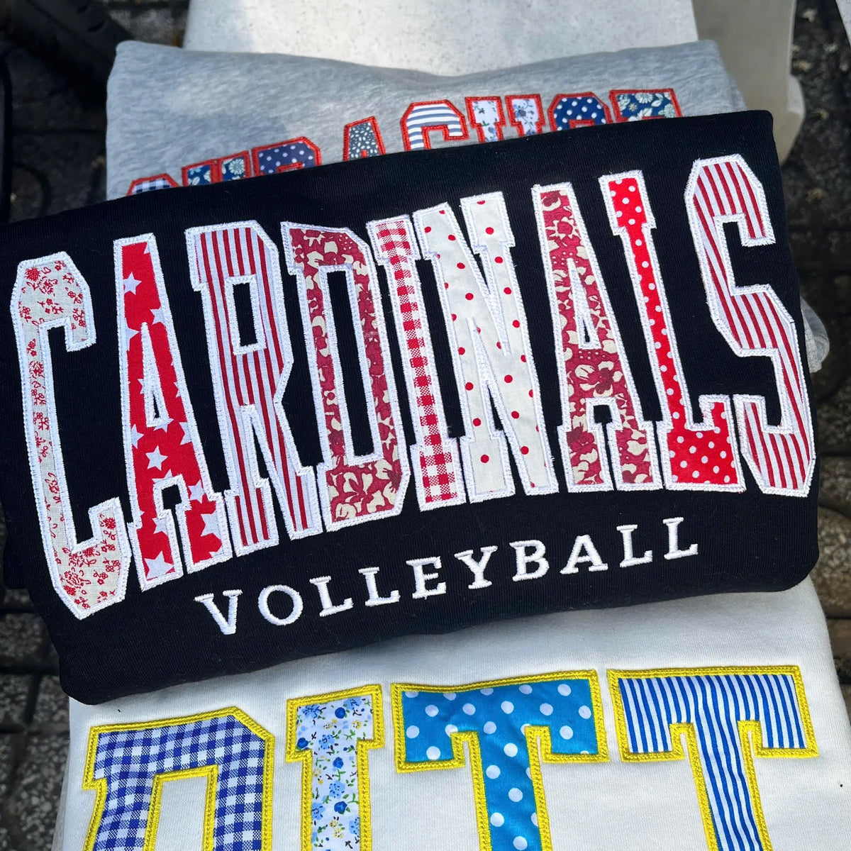 Custom Embroidered Patchwork Applique Sweatshirt, Personalized Football Game Day Crewneck, Tailgate Outfit and Football Fan Gift