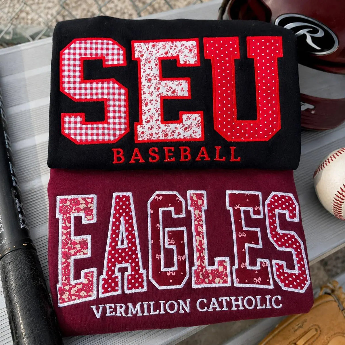 Custom Embroidered Patchwork Applique Sweatshirt, Personalized Football Game Day Crewneck, Tailgate Outfit and Football Fan Gift