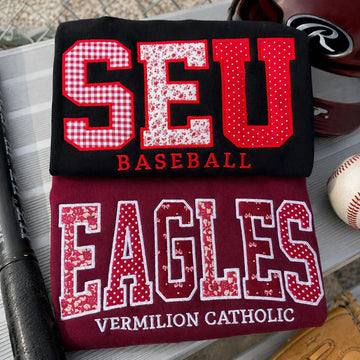 Custom Embroidered Patchwork Applique Sweatshirt, Personalized Football Game Day Crewneck, Tailgate Outfit and Football Fan Gift