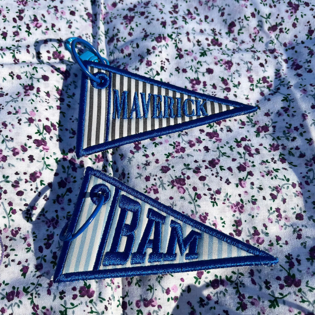 Custom Embroidered Pennant Bag Charm, Personalized Name Tag for Backpack, Tote or Stadium Bag, Floral Gingham Keychain Gift
