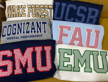 Custom Embroidered Applique Sweatshirt, Personalized Mixed Pattern Varsity Letter Crewneck, Team or Group Pullover Gift